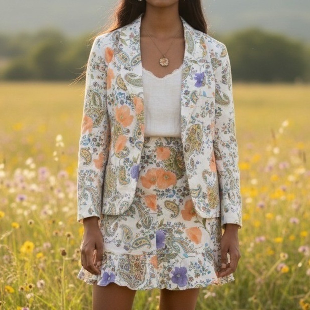 STO Susquehanna Trail Outfitters 2pc Skirt Blazer Set 6 White Floral Paisley 90s